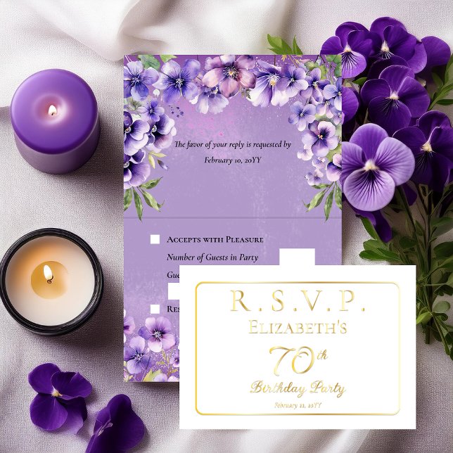 Carte Dorée Violettes violettes violettes élégantes Floral Ann (Elegant Purple Violets Floral 70th Birthday Party RSVP Foil Invitation Folded Insert Enclosure Card)