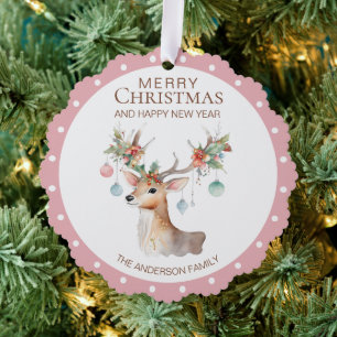 Carte d'ornement de Noël rose renne floral