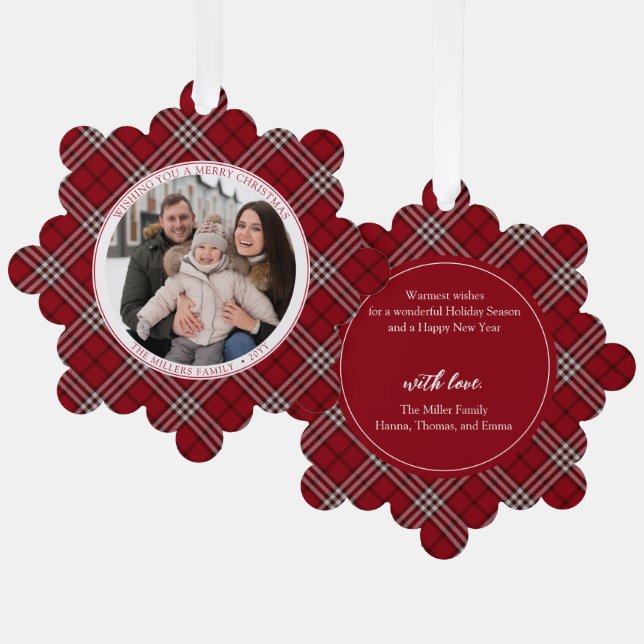 Carte d'ornement en papier photo de famille rouge (Recto/Verso)