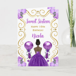 Carte Douce 16 Peau foncée Princesse Purple Joyeux Anniv