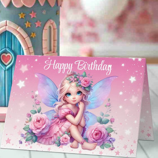 Carte Douce enfant fée avec des roses roses Joyeux Anniv