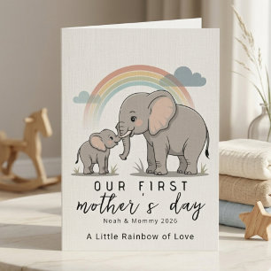 Carte Douce Maman Éléphant Bébé Premier Jour de la Fête 