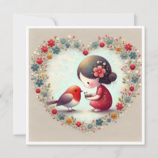 Carte Douce Robin et petite fille Cœur floral