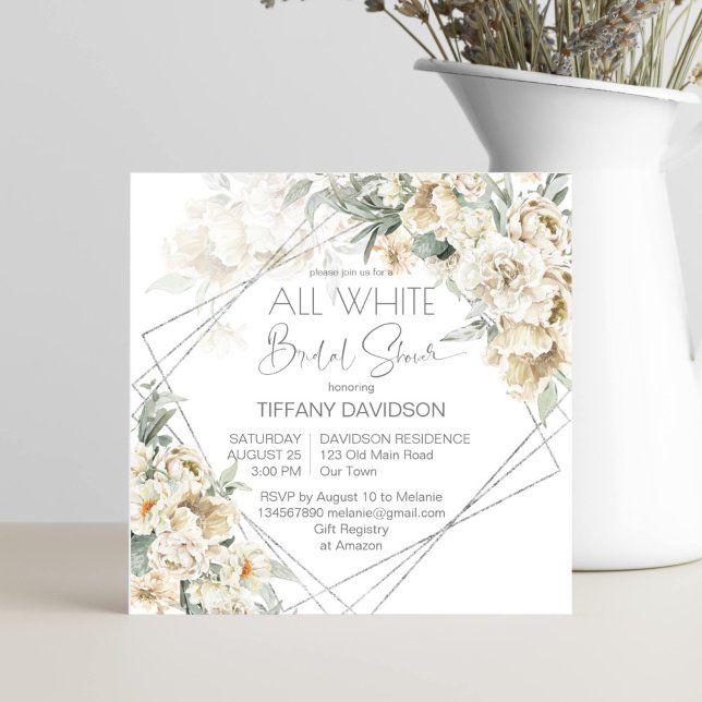 Carte Douche nuptiale blanche argentée cadre floral (White themed bridal shower floral invitation template silver geometrical frame white flowers)