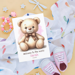 Carte d'ours en peluche rose pour bébé personnalis