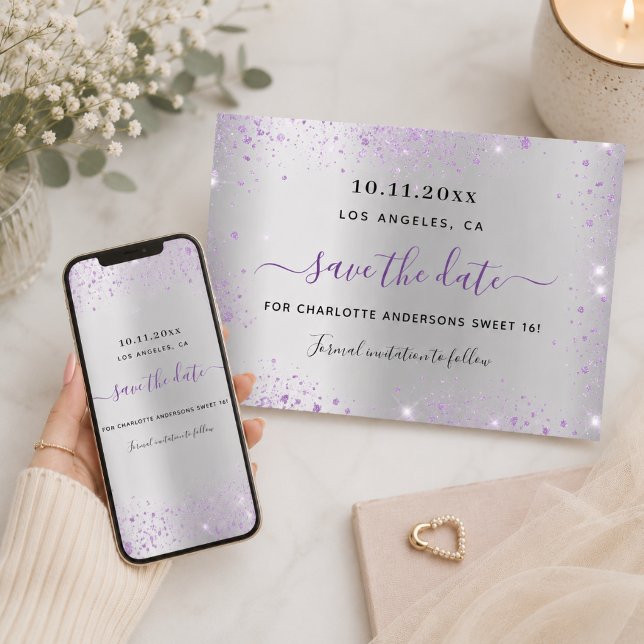 Carte Doux 16 argent violet enregistrer la date (Créateur téléchargé)