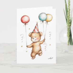 Carte Drawing of Teddy Bear in Birthday Hat with Balloon