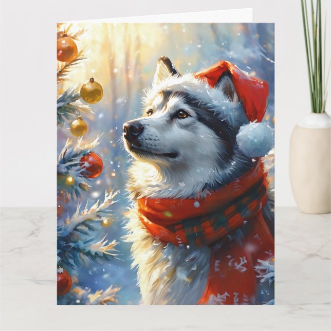 Carte Dreaman Malamute de Noël Aquarelle de Noël (Devant)