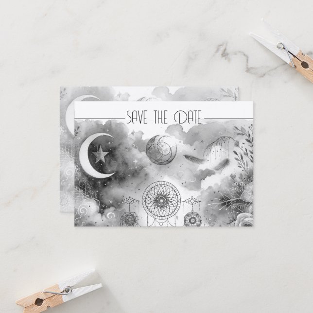 Carte Dreamcatcher noir blanc céleste lune (Devant/Arrière en situation)
