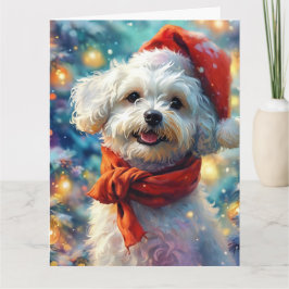 Carte Dreamy Bichon Frisé Puppy à Santa Hat et Scarf
