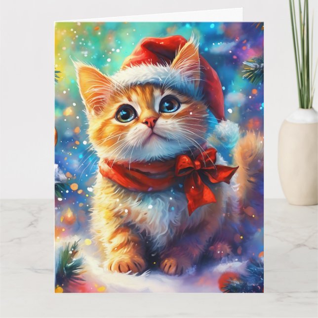 Carte Dreamy Ginger Kitten à l'aquarelle de Santa Hat (Devant)