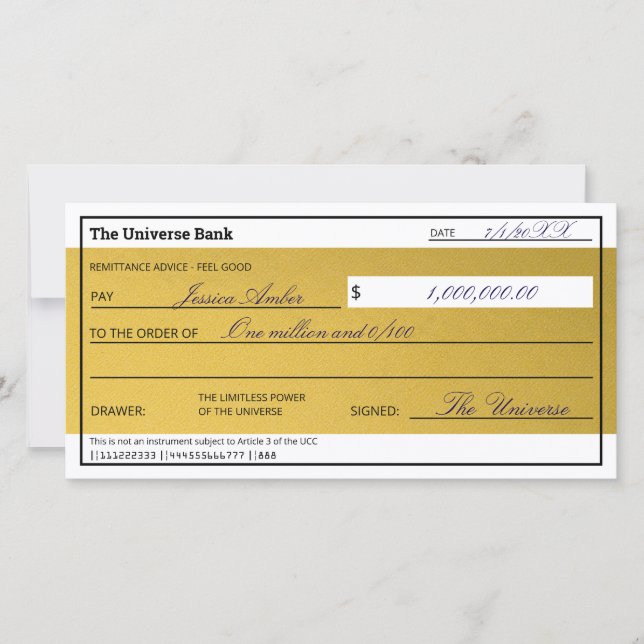 Carte Droit d'attraction Elegant Gold Abundance Check (Devant)