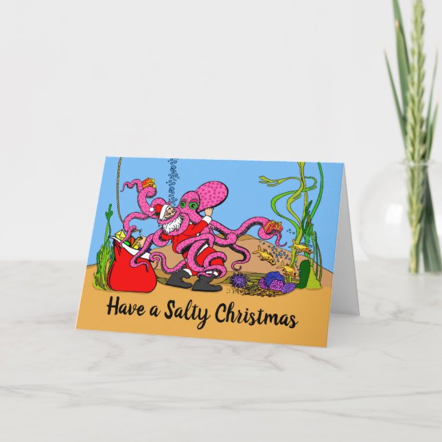 Carte Drôle Avoir un Noël salé Père Noël et poulpe (Devant)