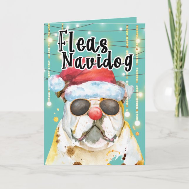 Carte Drôle bulldog anglais dans les lumières joyeuses v (Devant)