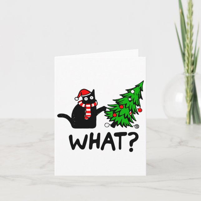 Carte Drôle cadeau de chat noir Poussant l'arbre de Noël (Devant)