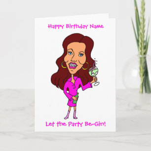 Carte Drôle Caricature Femme Boire Gin Brunette Annivers