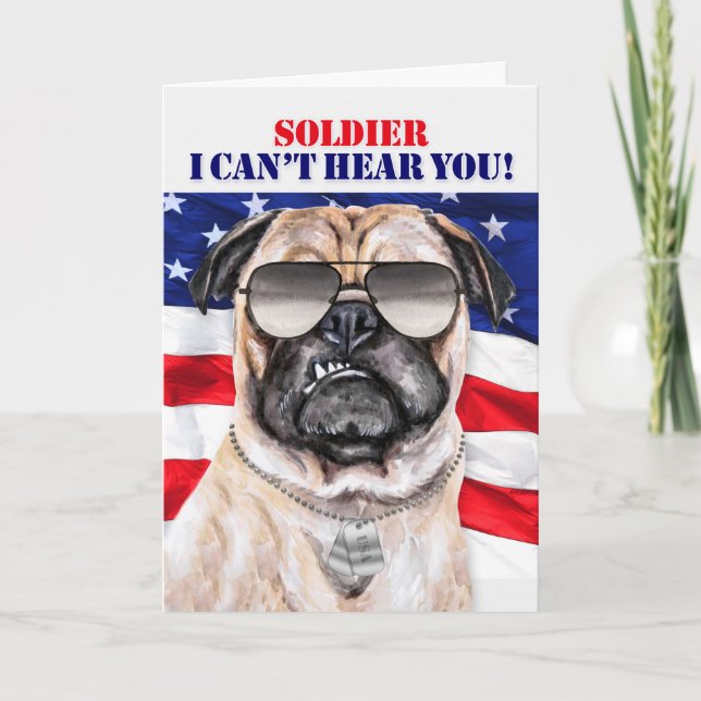Carte Drôle Carlin Chien et Drapeau Militaire Anniversai (Devant)