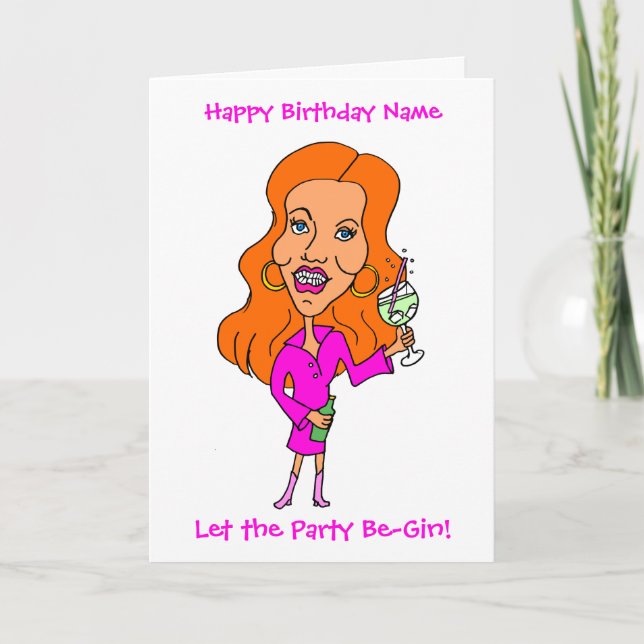 Carte Drôle Cartoon Femme Boire Gin Redhead Anniversaire (Devant)