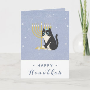 Carte Drôle chat Menorah et Dreidel Happy Hanoukka Blue