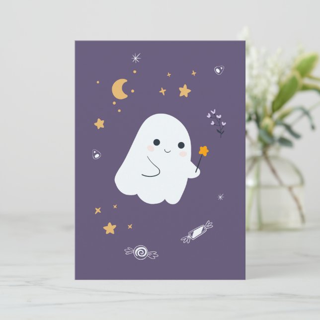 Carte Drôle chats de dessin animé avec balais, citrouill (Debout devant)