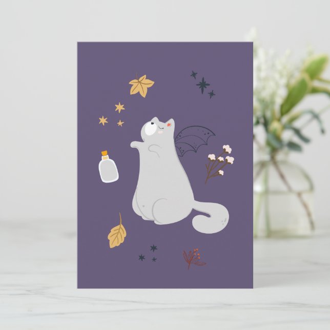 Carte Drôle chats de dessin animé avec balais, citrouill (Debout devant)