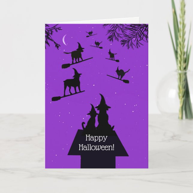 Carte Drôle Chien sorcières de chat Halloween Happy Dog  (Devant)