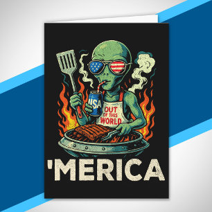 Carte Drôle d'Amérique Alien BBQ Grillade Patriotique Ré