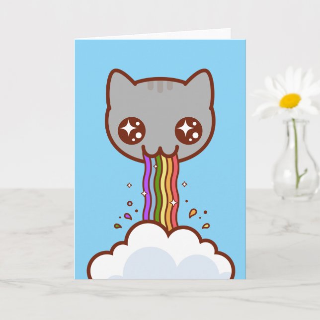Carte drôle de chat - CAT PUKING RAINBOW (Petite plante)