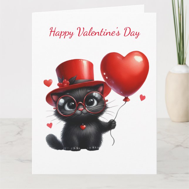Carte Drôle de chat noir avec ballons Saint-Valentin (Devant)