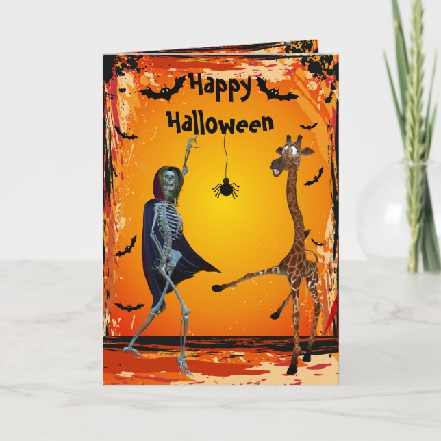 Carte drôle de Halloween de girafe et de squelette (Devant)