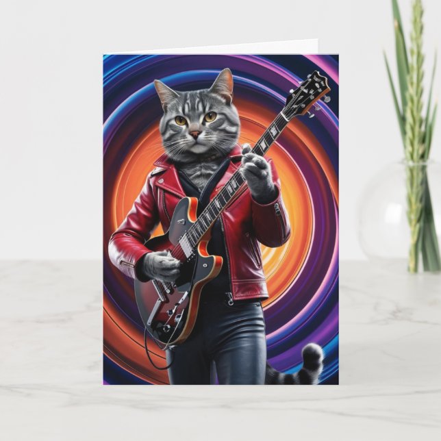 Carte drôle de rockeur avec un chat gris tabby (Devant)