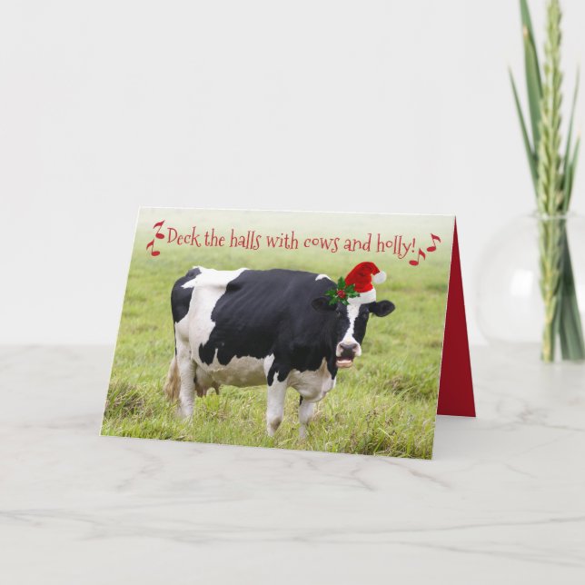 Carte Drôle Deck Les Halls Avec Vaches et Holly (Devant)