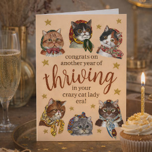 Carte Drôle Ère de Dame aux Chats Fous Coloré Joyeux Ann