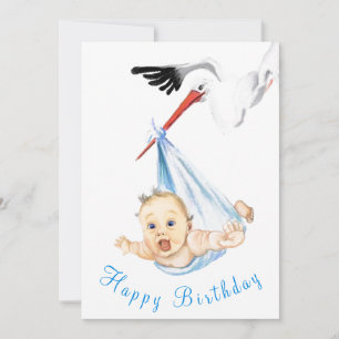 Carte Drôle Joyeux Anniversaire de la cigogne portant bé