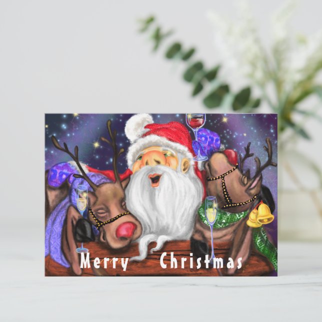 Carte Drôle Père Noël et Reindeers Serviette de cuisine  (Debout devant)