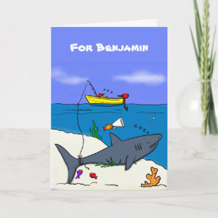 Carte Drôle requin couché et dessin animé de pêche