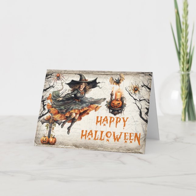 Carte Drôle rétro Halloween éffrayante mauvaise sorcière (Devant)