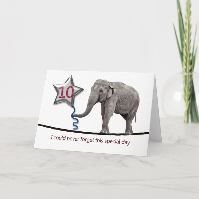 Carte du 10e anniversaire avec un éléphant à corde (Devant)