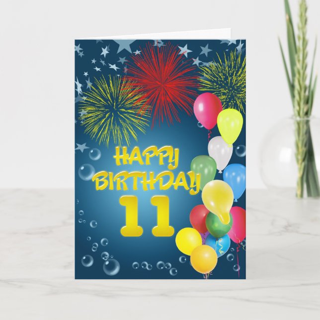 Carte du 11e anniversaire avec feux d'artifice et  (Devant)