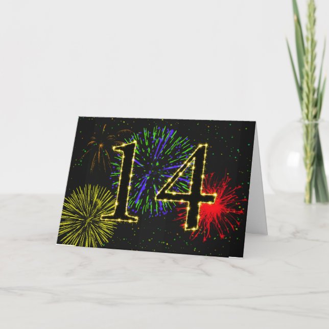 Carte du 14e anniversaire avec feux d'artifice (Devant)