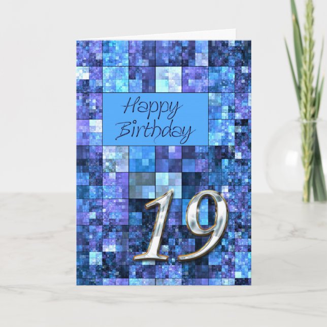 Carte du 19ème anniversaire avec carrés abstraits. (Devant)
