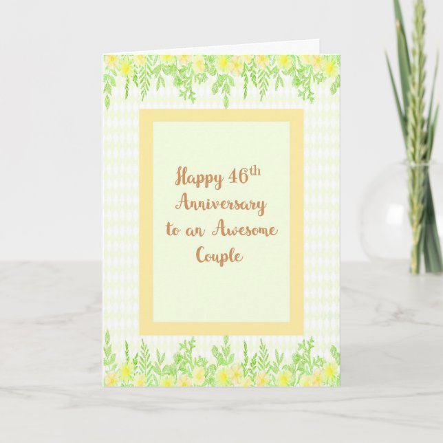 Carte du 46e Anniversaire, Jaune avec Bordures Flo (Devant)