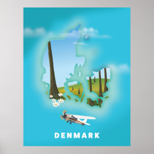 Carte du Danemark illustrée affiche de voyage.