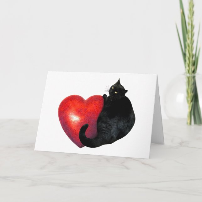 Carte du gros chat noir avec grand cœur rouge (Devant)