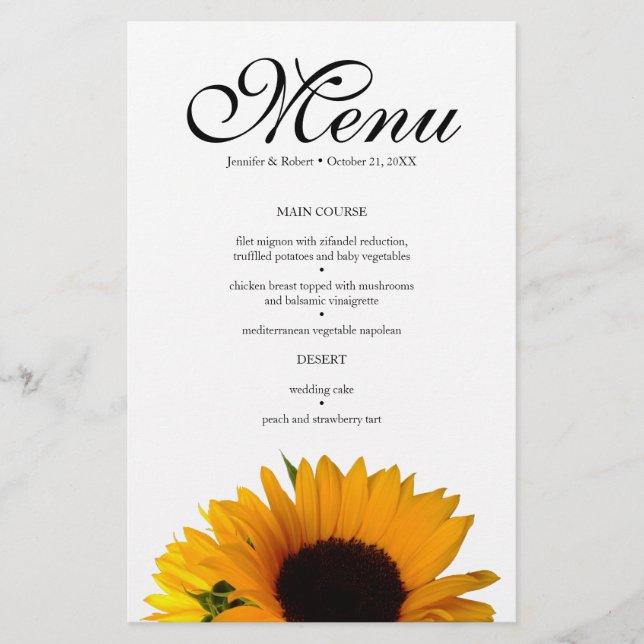 Carte du menu du dîner Mariage de tournesol (Devant)
