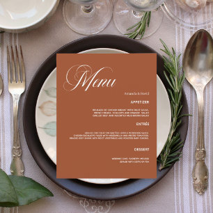 Carte du menu du dîner mariage orange brûlé