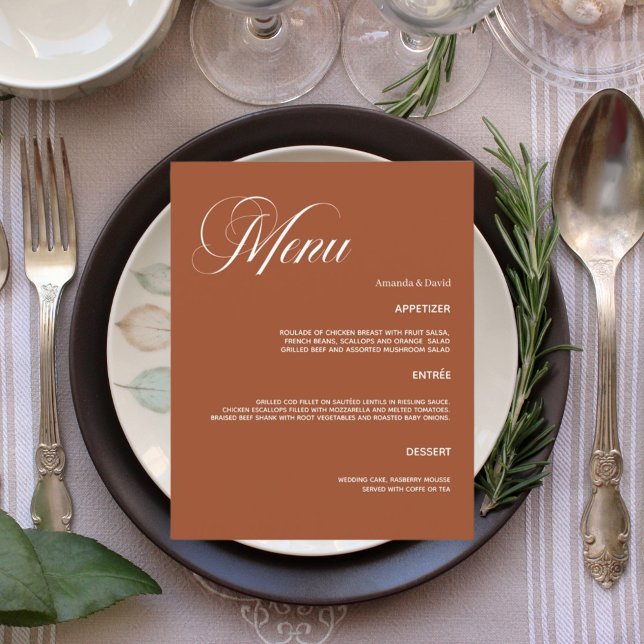 Carte du menu du dîner mariage orange brûlé (Créateur téléchargé)