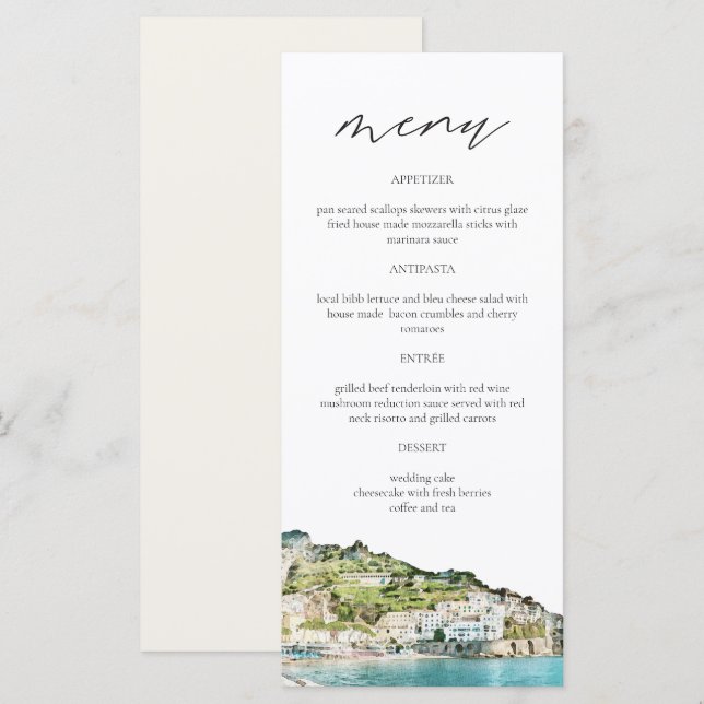Carte du menu Mariage AMALFI CAST Watercolor (Devant / Derrière)