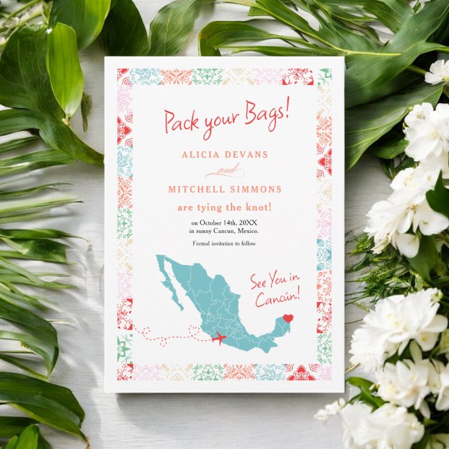 Carte du Mexique tropical destination mariage (Tropical Mexico map destination wedding Save The Date)