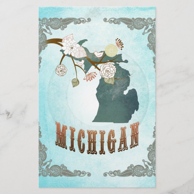 Carte du Michigan avec de beaux oiseaux (Devant)